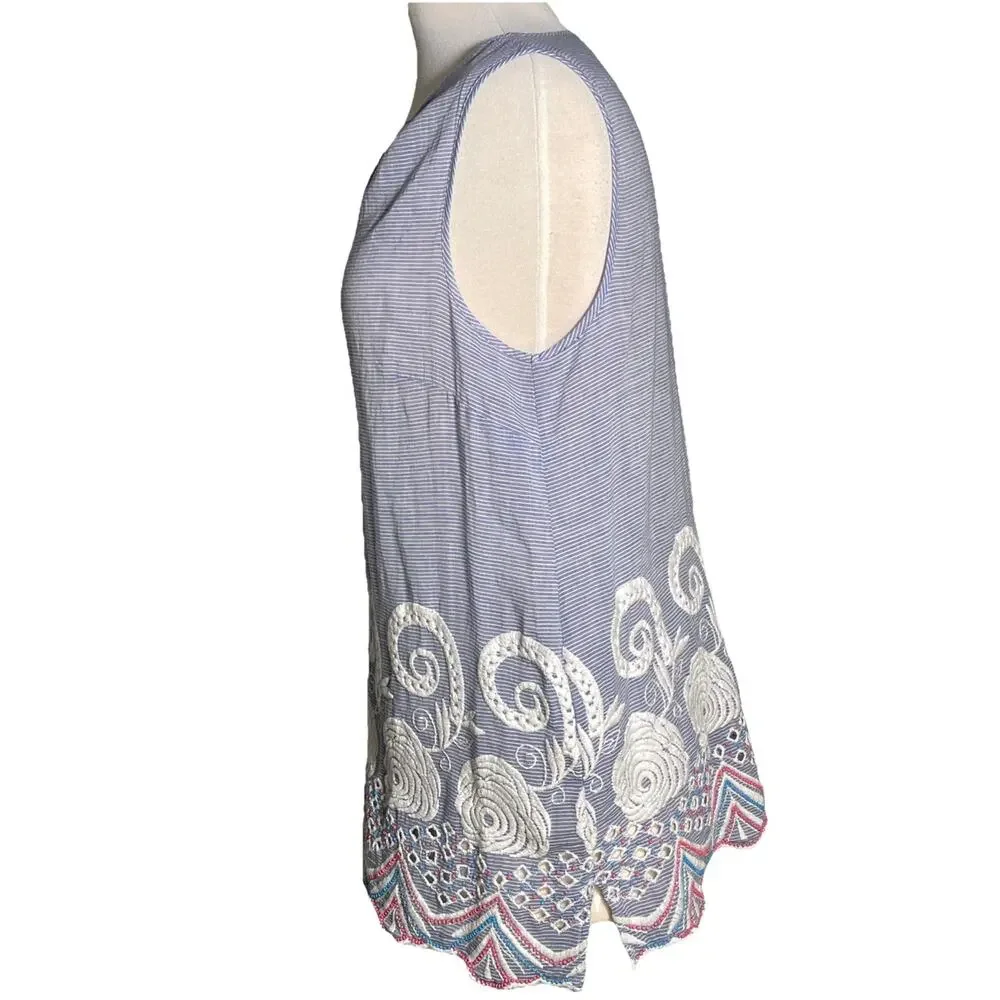 Talbots Blouse Women's Size Medium Embroidery & Beading Eyelet Sleeveless Stripe - Picture 4 of 6